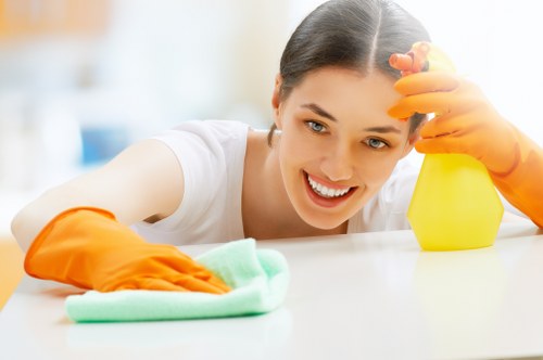 Technician preparing safe carpet cleaning equipment in a home